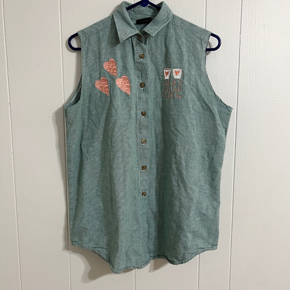 Three Rivers Sleeveless Shirt Vest Embroidered Hearts‎ Green Striped Button L